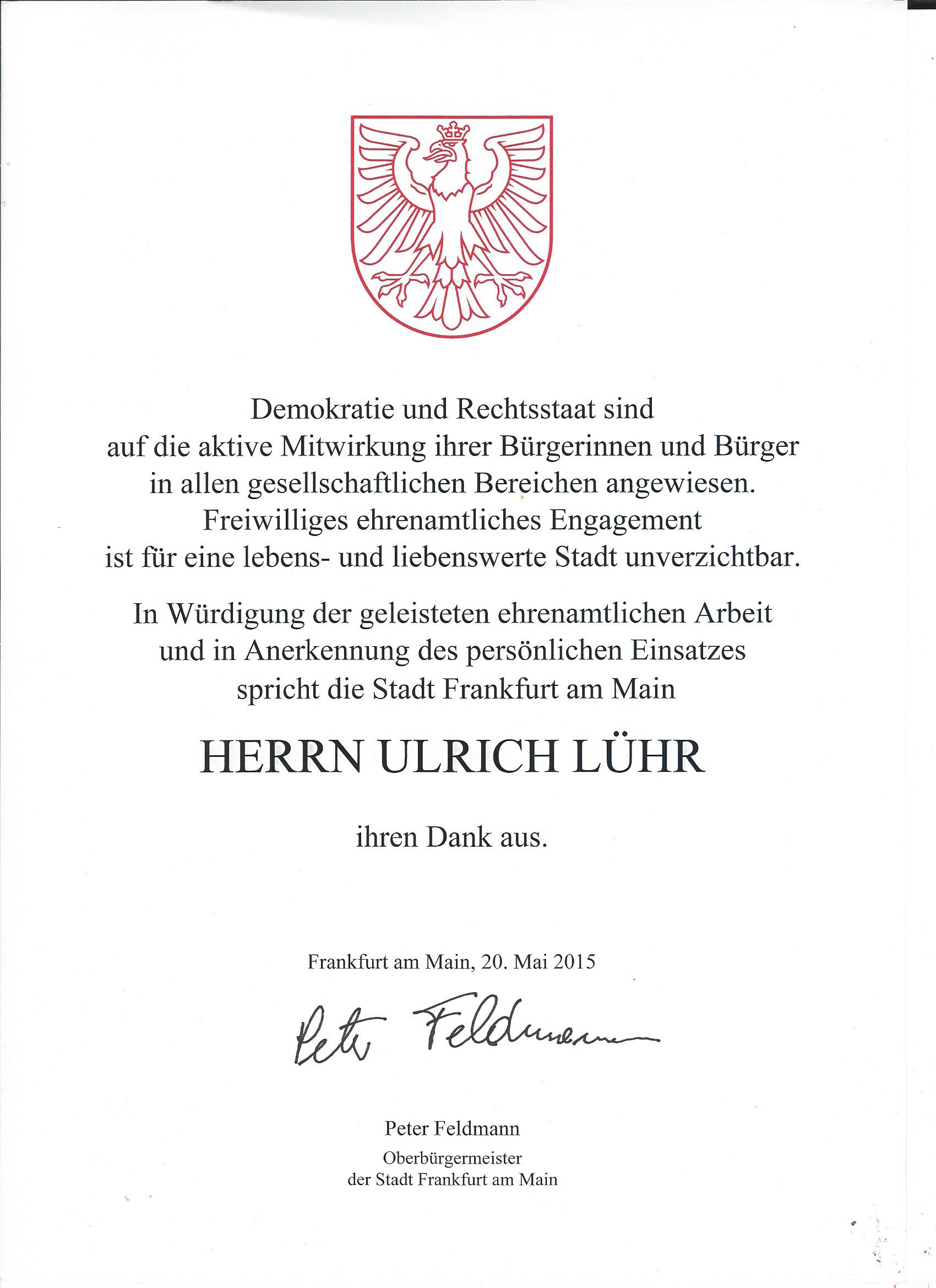 Ehrenamt-Urkunde 2015 der Stadt Frankfurt für Ulrich Lühr